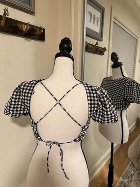 Bershka Black & White Gingham Tie-Back Crop Top Size XS